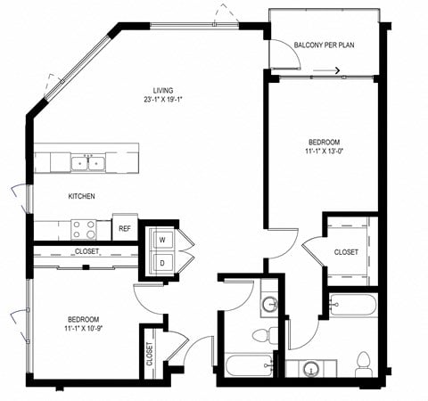 Floor plan for 2 beds, 2 baths, 1167 sqft